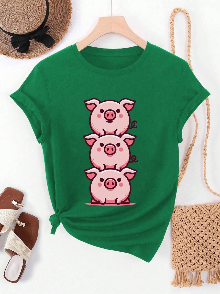 Camiseta de manga corta casual de verano para mujer con diseño de cerdo apilado - Verde - Ver 1