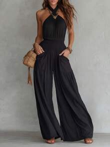 Bohemian-Style Sleeveless Wide-Leg Jumpsuit With Open Back, Ruching, And Pockets - 黑色 - 查看 1