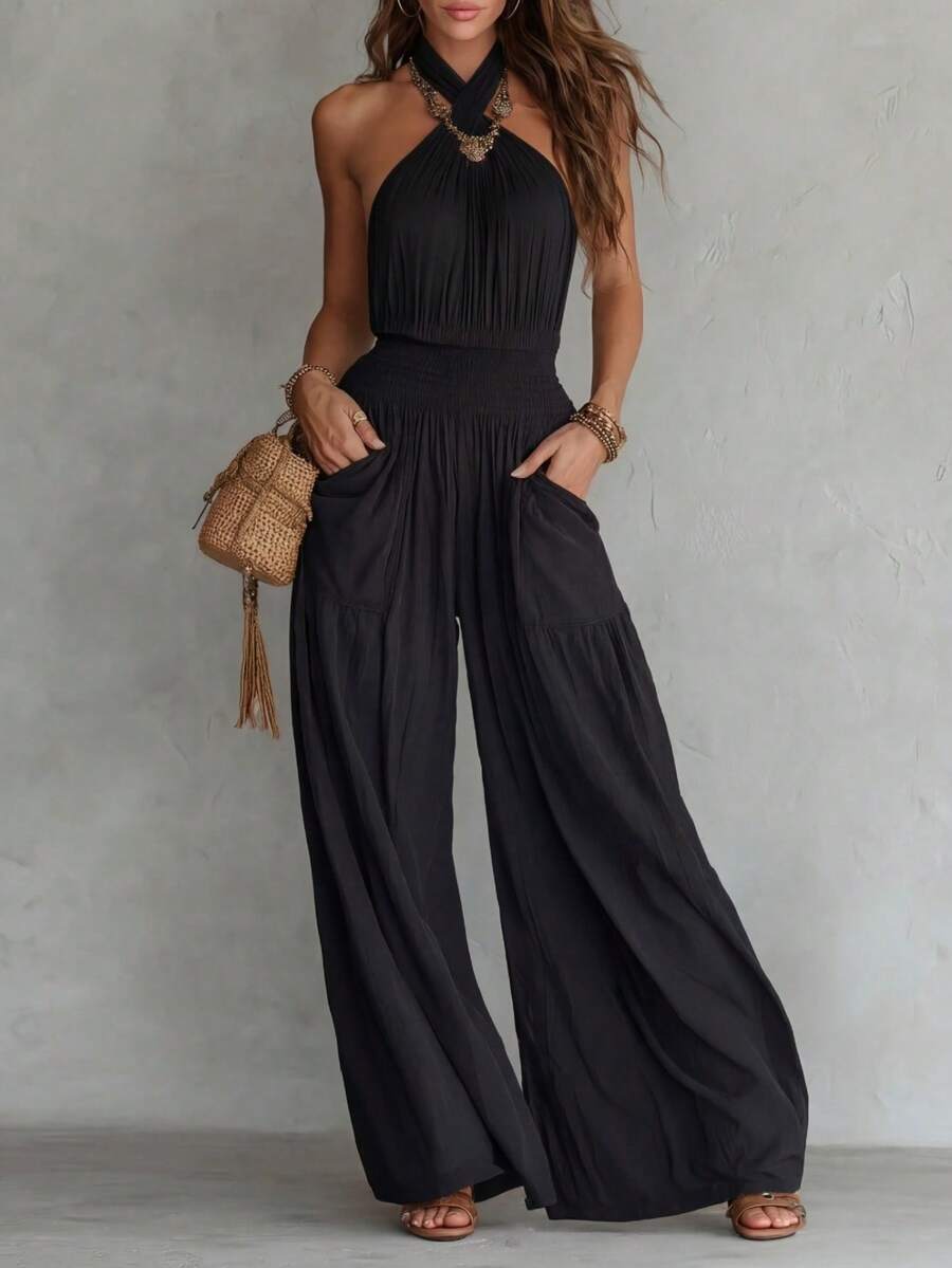 Bohemian-Style Sleeveless Wide-Leg Jumpsuit With Open Back, Ruching, And Pockets - 黑色 - 查看 1