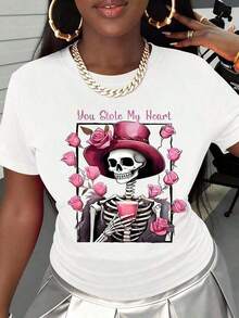 Camiseta de Mujer con Diseño de Esqueleto 'You Are My Heart' con Sombrero de Rosa y Taza, Camiseta Gráfica de Moda, Estilo Gótico, Súper Linda y Gráfica para Mujer! Suave, ligero y perfecto para el uso diario. Este elegante top añade un toque divertido y a la moda a cualquier atuendo informal. ¡Ideal para combinar con jeans, shorts o faldas para un look dulce y elegante! Ropa de verano fresca para mujer. - Blanco - Ver 2