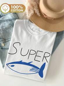 Top de primavera y verano, estilo minimalista, con estampado de letras y peces, puro, casual, holgado, cuello redondo, manga corta, camiseta de mujer [Yang], ropa de invierno para mujer. - Blanco - Ver 7