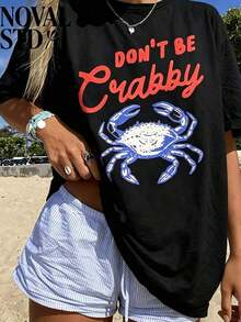 1 Piece Of Women's Short-Sleeved T-Shirt With "Don't Be Crabby" Print, Casual Street And Vacation Style, Loose Fit, Multifunctional, White, Round Neck, Fashionable T-Shirt For Everyday Wear, Suitable For Daily Use. 180g 100% Cotton. - 黑色 - 查看 11