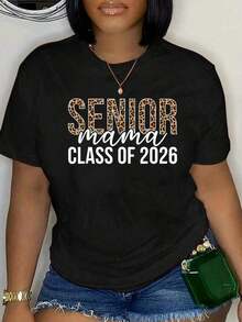 Camiseta 100% Algodón para Mamá Graduada 2026, Mamá de la Clase de 2026, Estampado Leopardo, Unisex, Clásica, Cómoda, de Cuello Redondo, Talla Grande. Blusas para mujer > ropa blusa casual mujer ropa casual para mujer. - Negro - Ver 1