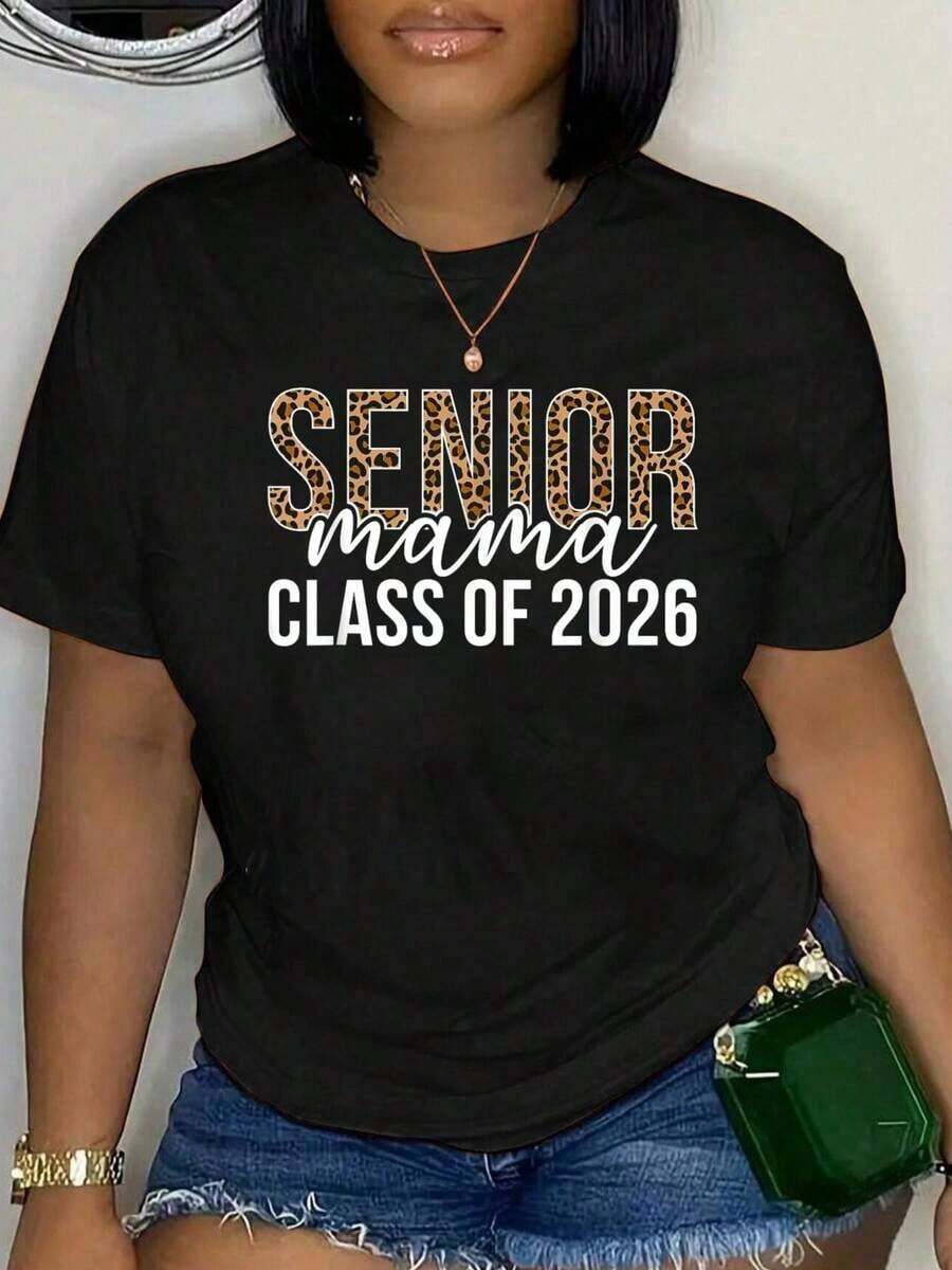Camiseta 100% Algodón para Mamá Graduada 2026, Mamá de la Clase de 2026, Estampado Leopardo, Unisex, Clásica, Cómoda, de Cuello Redondo, Talla Grande. Blusas para mujer > ropa blusa casual mujer ropa casual para mujer. - Negro - Ver 1