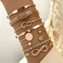 Rose Gold Alloy Multi-Layer Bracelet Set For Women, INS Style Heart Rhinestone Infinity Knot Bangle, Luxury Versatile Daily Wear Jewelry Set - Rose Gold - View 11