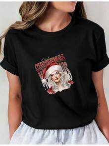 Women's Casual Sports T-Shirt With Christmas Graphic - Black Elastic Round Neck T-Shirt With White Hair Santa Design, Machine Washable, Comfortable Fit And Perfect For All Seasons, For Festive Celebrations And Daily Wear. - 黑色 - 查看 1