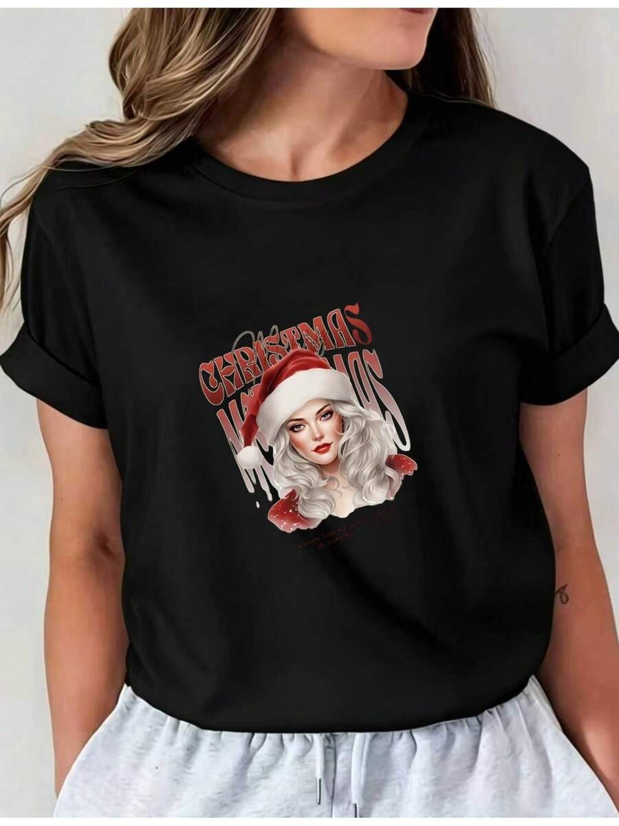 Women's Casual Sports T-Shirt With Christmas Graphic - Black Elastic Round Neck T-Shirt With White Hair Santa Design, Machine Washable, Comfortable Fit And Perfect For All Seasons, For Festive Celebrations And Daily Wear. - 黑色 - 查看 1