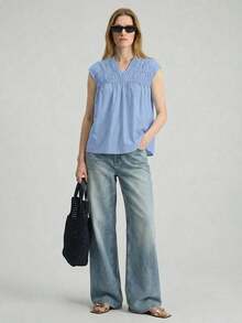 Ontre 2026SS Nueva Blusa para Mujer, Tejido Tejido, Estilo Urbano Elegante Casual, Moda Minimalista para Ir al Trabajo - Celeste - Ver 2