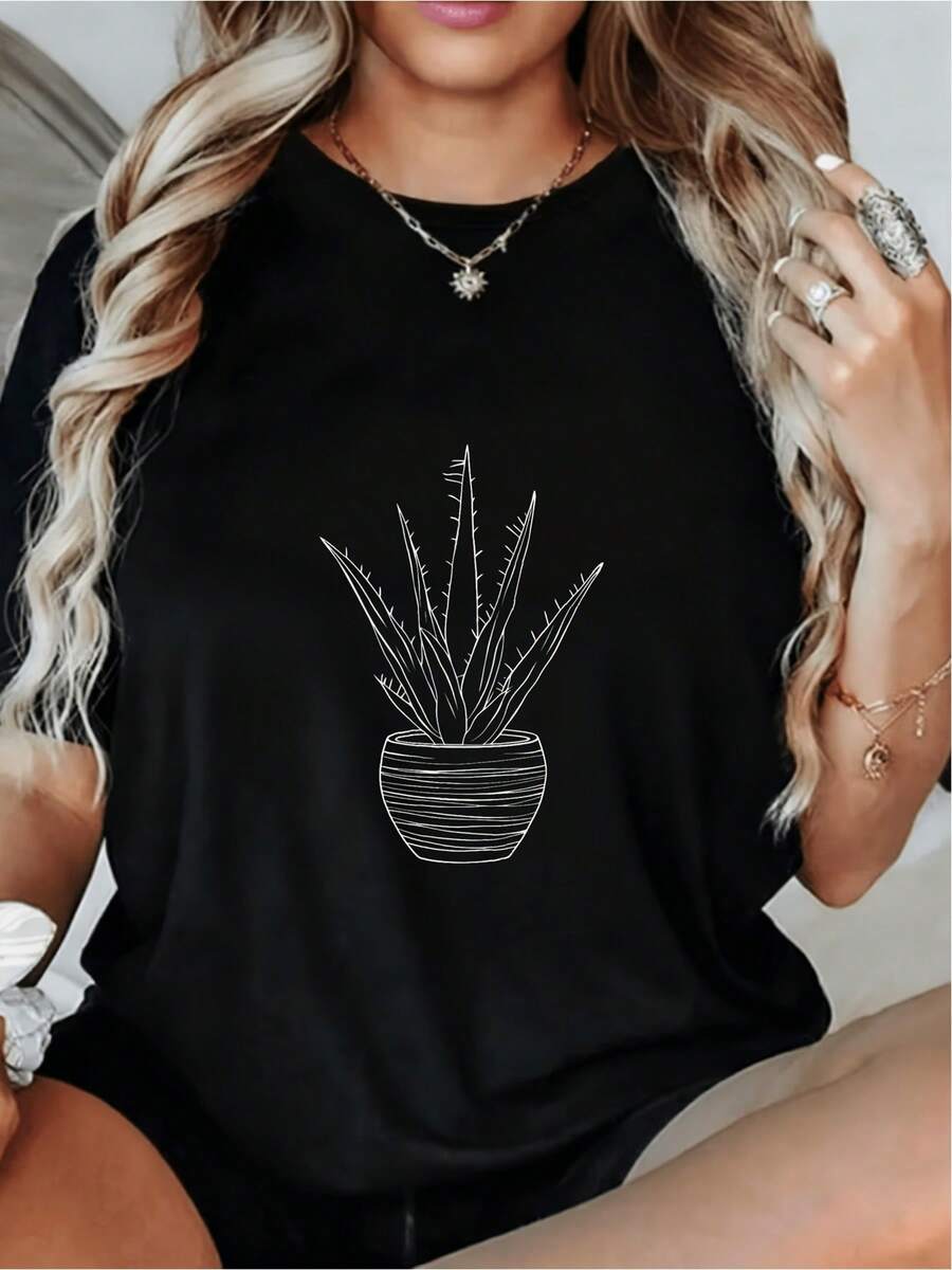 ¡Oferta por tiempo limitado, unidades limitadas,  relámpago! Camisas casuales para mujer, camisetas de poliéster para mujer, camisas elegantes. Camiseta de manga corta y cuello redondo para mujer con estampado de cactus en maceta – Blusa casual de primavera/verano – Top de poliéster lavable a máquina – Prenda ideal para climas cálidos – Moda de temporada – Diseño retro – Ajuste cómodo - Negro - Ver 1