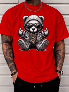 Camiseta masculina de manga curta estilo hip hop 2026 com estampa de urso estiloso, óculos da moda, capuz, corrente dourada e gesto obsceno. Ideal para o dia a dia, estilo streetwear e looks casuais. - Preto - Ver 8