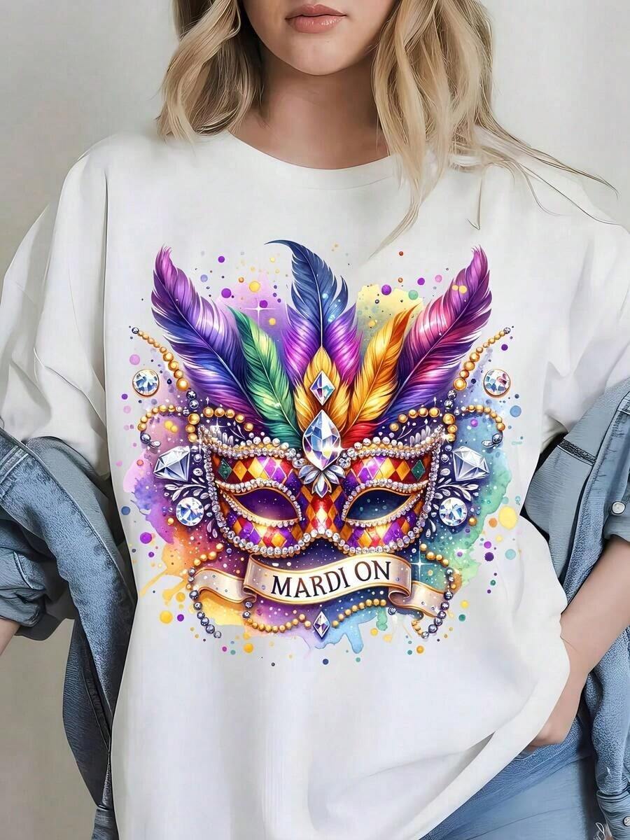 1 pieza de camiseta blanca para mujer con estampado de máscara de plumas coloridas, cuello redondo, camiseta casual de algodón, tejido de punto de elasticidad media, corte regular para damas, ideal para primavera/verano/otoño. - Blanco - Ver 1
