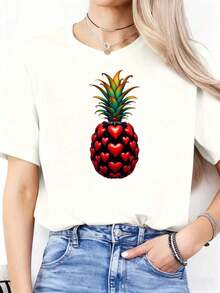 Camiseta Casual Nueva y Popular para Mujer 2026, Estampado de Piña y Corazón, Camiseta Casual para Mujer, Top Negro de Manga Corta, Camiseta Gráfica de Moda, Atuendo de Verano, Divertida Camiseta Estampada de Cuello Redondo y Manga Corta para Mujer, Adecuada para Eventos Deportivos, Fiestas, Salidas, Deportes y Otros Regalos Festivos. - Blanco - Ver 1