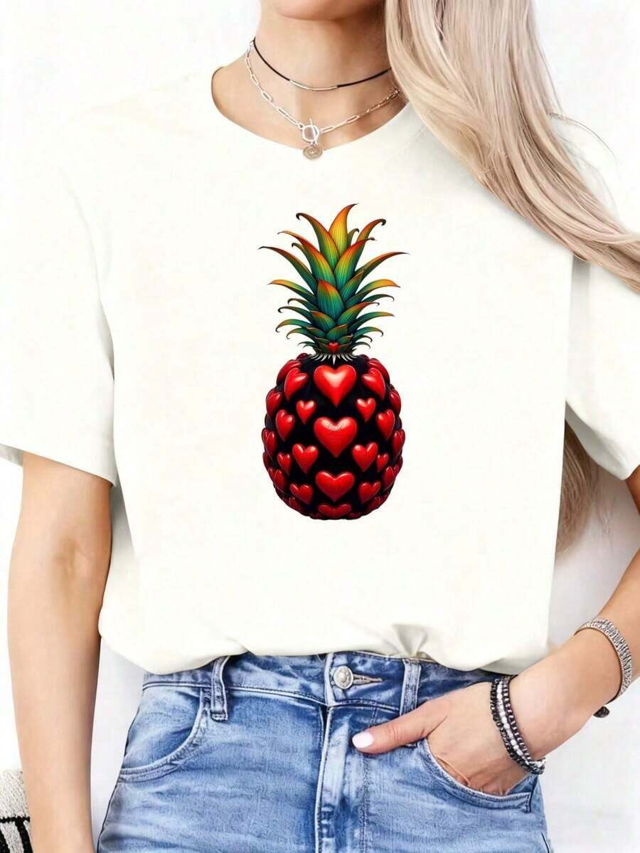 Camiseta Casual Nueva y Popular para Mujer 2026, Estampado de Piña y Corazón, Camiseta Casual para Mujer, Top Negro de Manga Corta, Camiseta Gráfica de Moda, Atuendo de Verano, Divertida Camiseta Estampada de Cuello Redondo y Manga Corta para Mujer, Adecuada para Eventos Deportivos, Fiestas, Salidas, Deportes y Otros Regalos Festivos. - Blanco - Ver 1