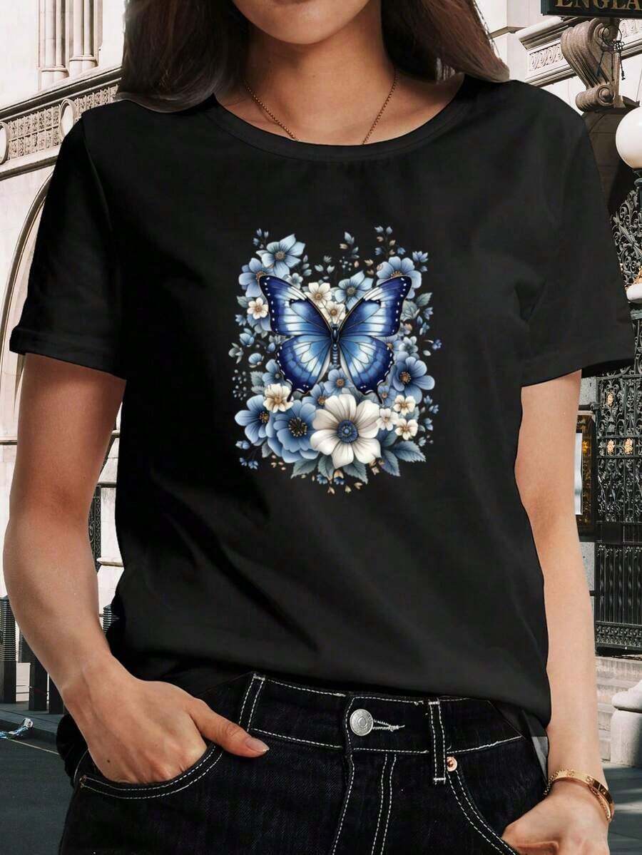 Women's Butterfly Print T-Shirt, Casual Short Sleeve Top With Round Neck And Floral Print, Women's Clothing For Spring And Summer, Ideal For Casual Outfits, Easy Care Material, Regular Fit, Non-See-Through Material, Comfortable Sweatshirt, Machine Washable. Casual Blouses For Women - 黑色 - 查看 1