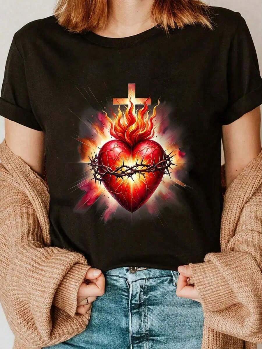 Women's Blouses, Sacred Heart Of Jesus Catholic Devotional T-Shirt, Round Neck, Short Sleeve, Graphic Tee For Women And Men, Graphic Tees, Crop Tops For Women, Summer Outfits For Women, Fashion Tee, - 黑色 - 查看 1