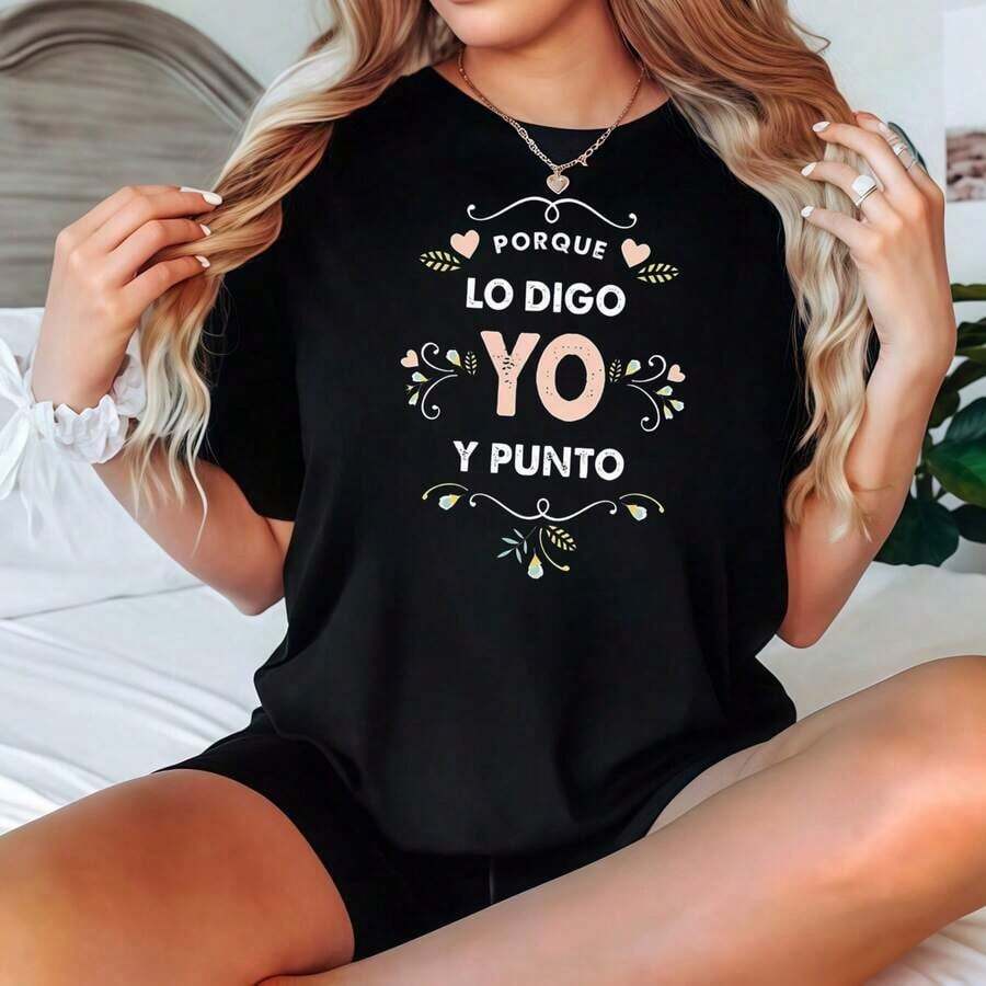 2026 Camiseta Negra de Manga Corta con Estampado de Frase en Español, Ropa Casual, Blusas para Mujer Casual - Negro - Ver 1