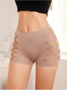 Women's High Waist Solid Black Shorts with Hollow Out Design, Slim Fit Stretchy Cut Out Side Yoga Shorts, Sexy Athleisure Bottoms - Albaricoque - Ver 1