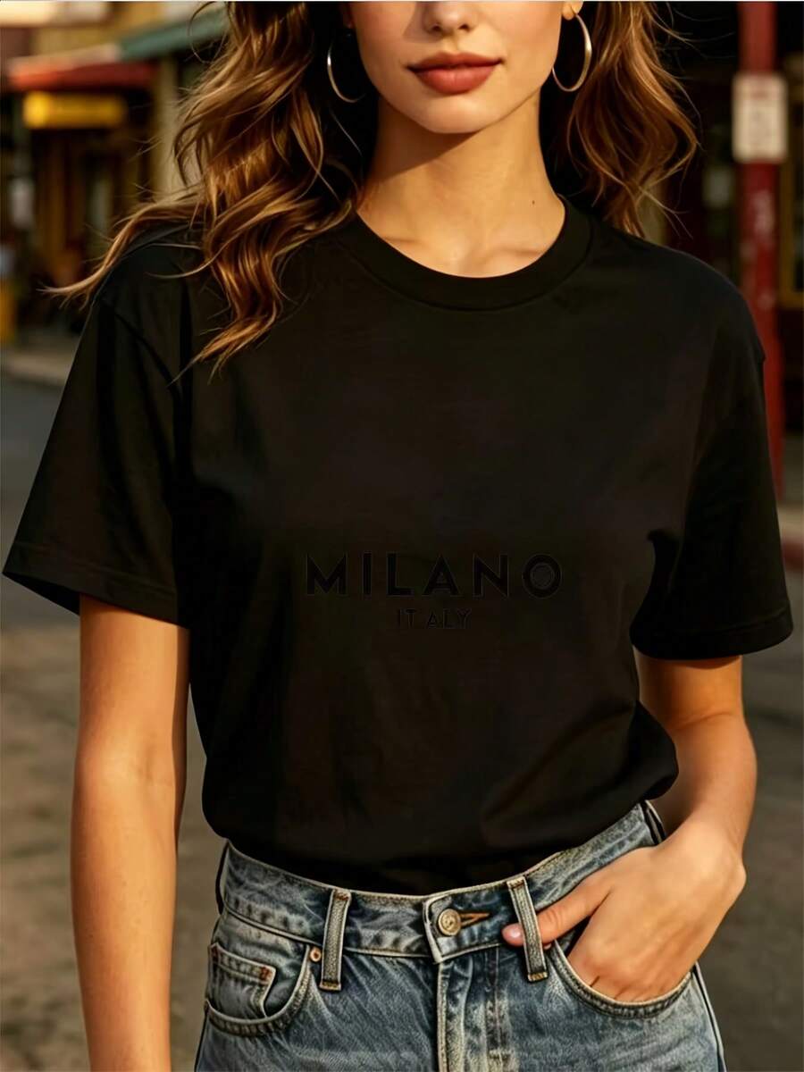 Blusa Casual para Mujer, Estilo Simple para Uso Diario, 180G, Moda de Milán, Italia - Camiseta Casual y Cómoda, adecuada para reuniones familiares y actividades de team-building corporativas - Regalo perfecto para las vacaciones de verano. Suave y acogedora, ideal para uso diario, camiseta de manga corta. - Negro - Ver 1