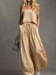 Conjunto de Dos Piezas para Mujer, Estilo Europeo y Americano, Verano 2024: Chaleco sin Mangas y Pantalones Anchos Holgados, Atuendo Casual a la Moda - Verde - Ver 9