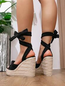 Women's Platform Wedge Espadrille Sandals With Thick Soles, Rope Straps, Zipper Back, Suitable For Spring/Summer Outings, Vacations, Boho Style, Sexy High Heels For Nightclub And Party - Black - View 4