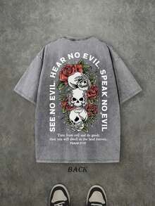 Retro Washed T-Shirt With Double-Sided Print (230g Pure Cotton T-Shirt) With 'SEE NO EVIL, HEAR NO EVIL, SPEAK NO EVIL' Letter Print And Pattern (Psalm), Christian Gift, Men's T-Shirt, Casual, Comfortable, Fashionable, Urban Cotton Style - 灰色 - 查看 2