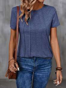 Camiseta De Manga Corta Con Pliegues Delanteros Y Prolongados Para Mujer - Azul marino - Ver 5