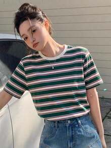 Camiseta de cuello redondo con estampado de rayas para Pascua - Verde 2 - Ver 1