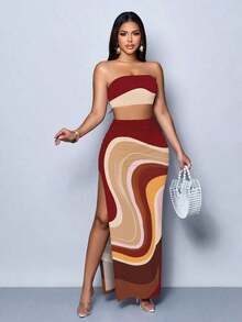 Vestido maxi elegante de fiesta con estampado de rayas abstractas y colores vibrantes, diseño ceñido y sexy, perfecto para salir, fiestas y vacaciones - Multicolor 12 - Ver 1