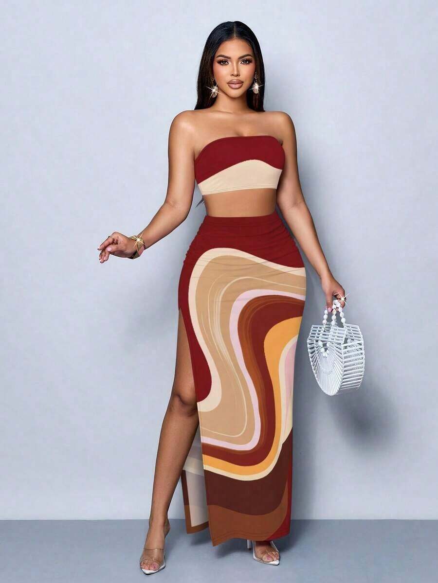 Vestido maxi elegante de fiesta con estampado de rayas abstractas y colores vibrantes, diseño ceñido y sexy, perfecto para salir, fiestas y vacaciones - Multicolor 12 - Ver 1