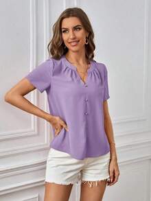 Blusa casual de mujer de unicolor con cuello en V y manga corta - Púrpura malva - Ver 4