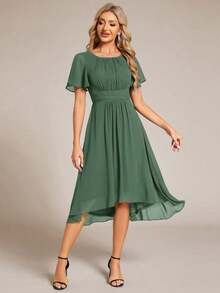 Vestido de dama de honor de gasa con pliegues y mangas con volantes, vestido de noche elegante para invitados de boda en primavera - Verde Oliva - Ver 3