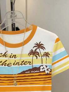Camiseta de mujer casual de verano con bloques de color, rayas y estampado de limón - Blanco 3 - Ver 3