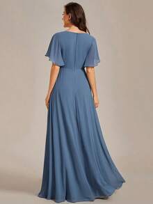 Elegante vestido de dama de honor de gasa con cuello en V, mangas con volantes bordados y plisados, vestido de noche formal para invitados de boda - Niebla azul - Ver 2