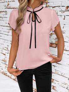 Camisa de mujer de manga corta, con lazo, volantes, a cuadros, elegante y casual para vacaciones y picnic, primavera/verano - Rosa - Ver 3