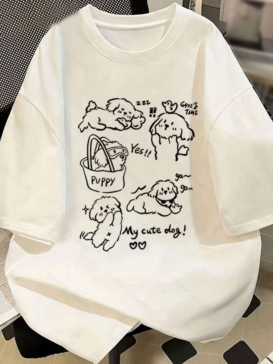 Camiseta de manga corta 100% pura con estampado de cachorro lindo de verano, versátil, para mujer, cuello redondo, estilo coreano holgado, estilo universitario, estilo casual urbano americano. - Blanco - Ver 1
