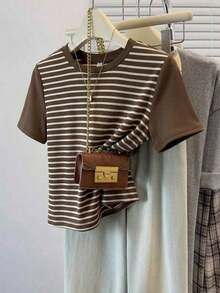 Frenchy Camiseta de mujer de manga corta, cuello redondo, a rayas, de estilo casual para el verano - Marrón 3 - Ver 10