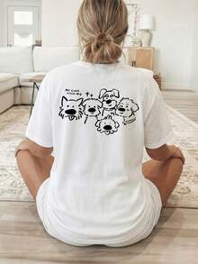 Women's Short-Sleeved Crew Neck T-Shirt, Personalized [Double-Sided Print], Suitable For All Seasons, Comfortable, With Five Cartoon Puppy Designs And English Text, Versatile Clothing, Comfortable Material, Short-Sleeved T-Shirt, For Fashion Enthusiasts - Unisex Urban Vintage Style Loose Cotton T-Shirt. - 白色 - 查看 2