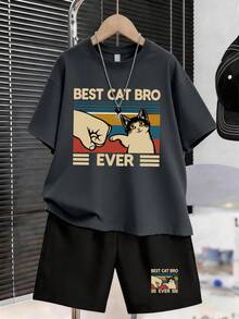 1 set T-shirt à manches courtes et pantalon de survêtement avec imprimé chat de dessin animé, convient aux adolescents garçons, cadeau d'été parfait pour le port à l'école et en extérieur, printemps/été - Multicolore - Voir 1