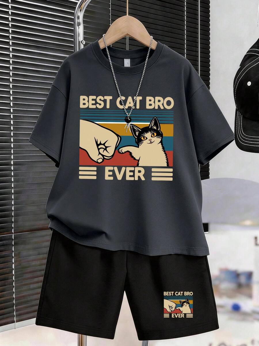 1 set T-shirt à manches courtes et pantalon de survêtement avec imprimé chat de dessin animé, convient aux adolescents garçons, cadeau d'été parfait pour le port à l'école et en extérieur, printemps/été - Multicolore - Voir 1