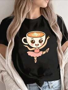 Black Casual Short-Sleeved T-Shirt With Coffee And Ballerina Prints - Lightweight, Stretchy, Crew Neck, Suitable For Coffee Lovers And Dance Enthusiasts, Durable Casual Wear, Perfect For Ballet Practice Or Wearing In Cafes (Machine Washable) - Summer Cotton Loose Printed Shorts Sleep Shirt 100% Cotton - 黑色 - 查看 6