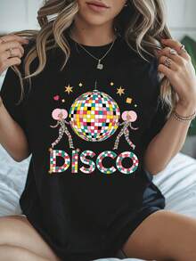 Women's Clothing Disco Music Festival "Disco Dance, Colorful And Bright Party" Women's T-Shirt With Retro Cheerful Atmosphere Pattern Print, Round Neck, Spring Summer Women's Shirts - 黑色 - 查看 1