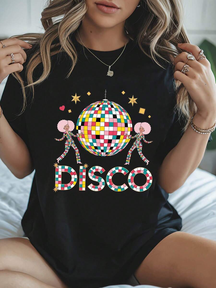 Women's Clothing Disco Music Festival "Disco Dance, Colorful And Bright Party" Women's T-Shirt With Retro Cheerful Atmosphere Pattern Print, Round Neck, Spring Summer Women's Shirts - 黑色 - 查看 1