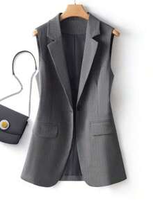 Chaleco blazer regular de mujer con parches a rayas y un solo botón, unicolor con bolsillo y botón, para uso en oficina en primavera - Gris - Ver 4