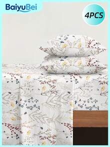 4pcs White Base Multi Color Floral Leaf Butterfly Pattern Sheet Set Easy Care Microfiber Soft Bedding Set Fitted Sheet Set (1pc Flat Sheet+1pc Fitted Sheet+2pcs Pillowcases) Fitted Sheet Set King Queen Full TWIN SIZE Sheet Deep Pocket Up To 11.8 Inch Pillowcase, Soft Breathable Wrinkle-Free Better For Sleep, Luxury Hotel Style,Minimalist Cottage Core Bed Linen - Multicolor - View 1