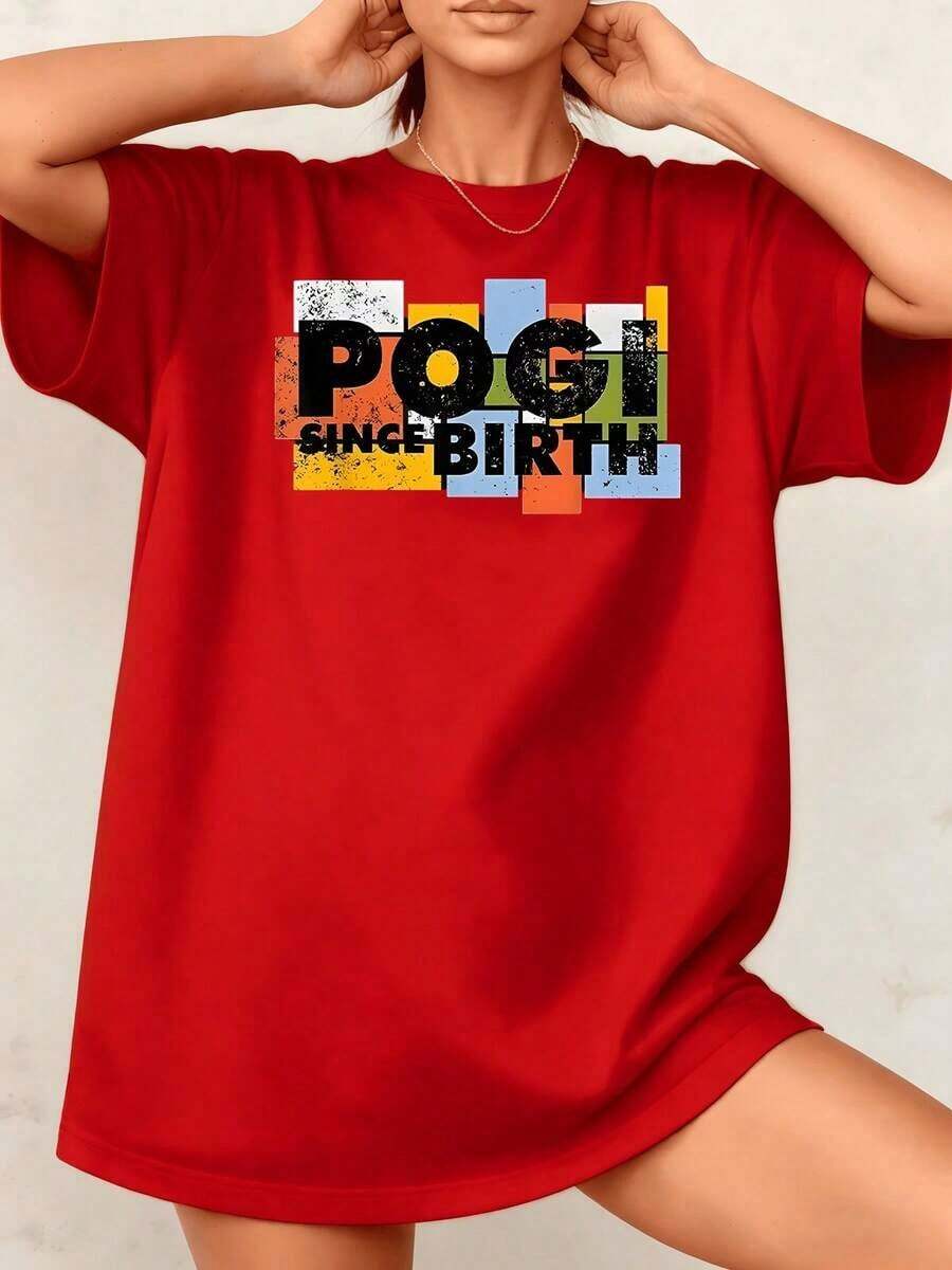 Camiseta de Mujer con Estampado Gráfico "Pogi Desde el Nacimiento" para Celebración de Cumpleaños, 100% Algodón, Cuello Redondo, Corte Holgado, Estilo Casual, 1 Pieza. Son Excelentes Regalos para Amigos y Familiares. - Rojo - Ver 1