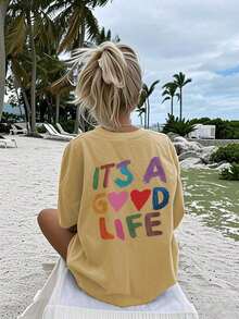 Women's Short-Sleeved T-Shirt With A Round Neck And Colorful Slogan Print, A New Summer Style Suitable For Everyday Wear. Vacation Graphic T-Shirt For Women, White Top For Women - 棕色 - 查看 3