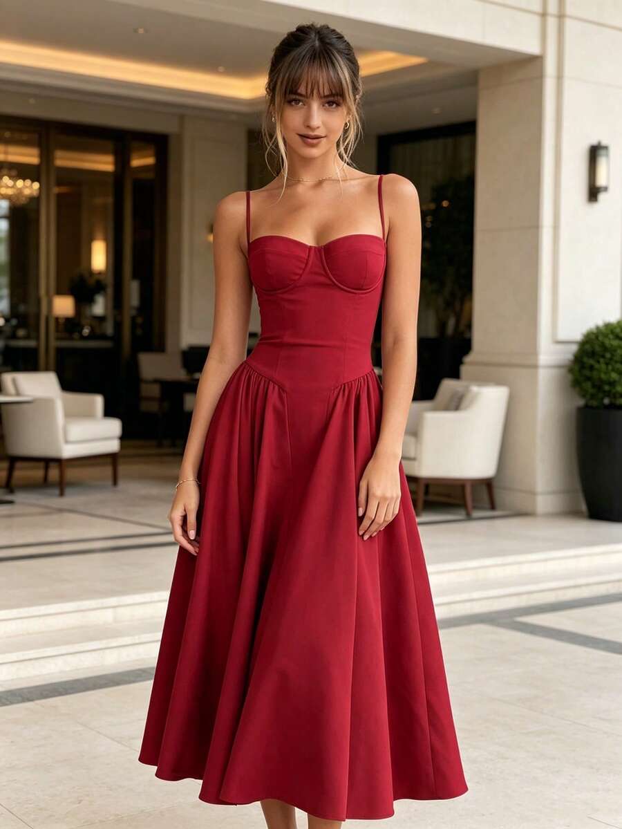 Women's Strapless Dress In A Solid Color, Inspired By Vintage Style, With A Shaping Bustier Design, Fitted To The Body, Suitable For Everyday Wear, Parties, Or Special Occasions. - 紅色 - 查看 1