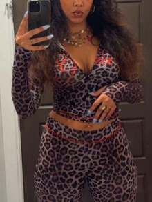 Spring/Summer Two Pieces Set For Women Casual Solid Color Leopard Print Zip Long Sleeve Top And Long Pants Beach Going Out Rave Gym Party Outfits - Dark Grey - View 2
