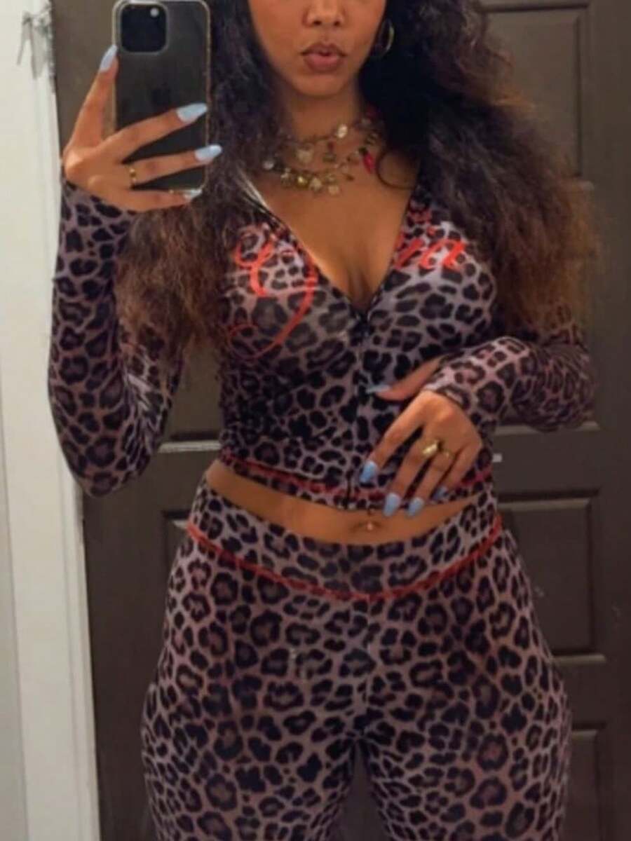 Spring/Summer Two Pieces Set For Women Casual Solid Color Leopard Print Zip Long Sleeve Top And Long Pants Beach Going Out Rave Gym Party Outfits - Dark Grey - View 1