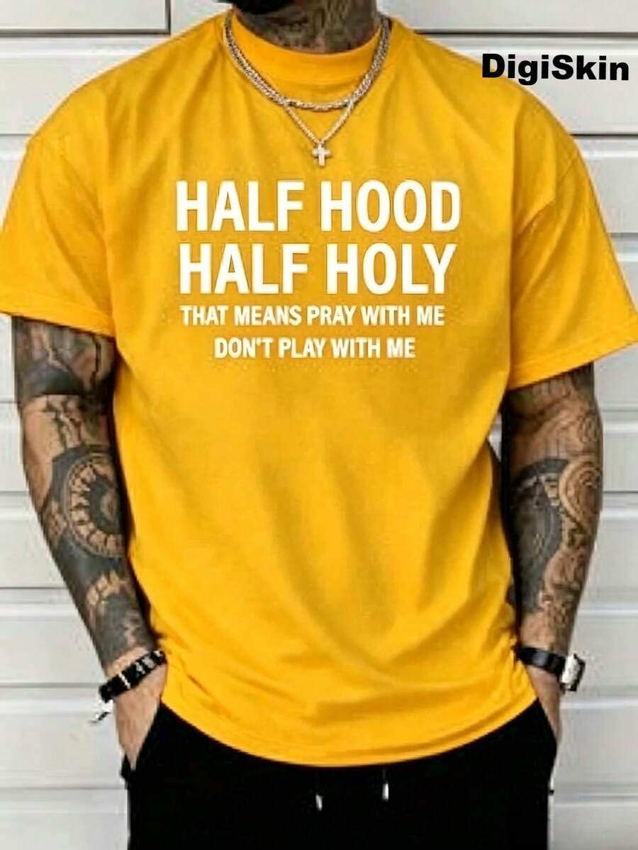 You Play With Me And Pray Together.Printed T-Shirt, 1 Piece,% Cotton, Casual Men's T-Shirt In Season, T-Shirt With Round Neck And Cotton Short Sleeve, Christmas Gift.2025 - 黃色 - 查看 1